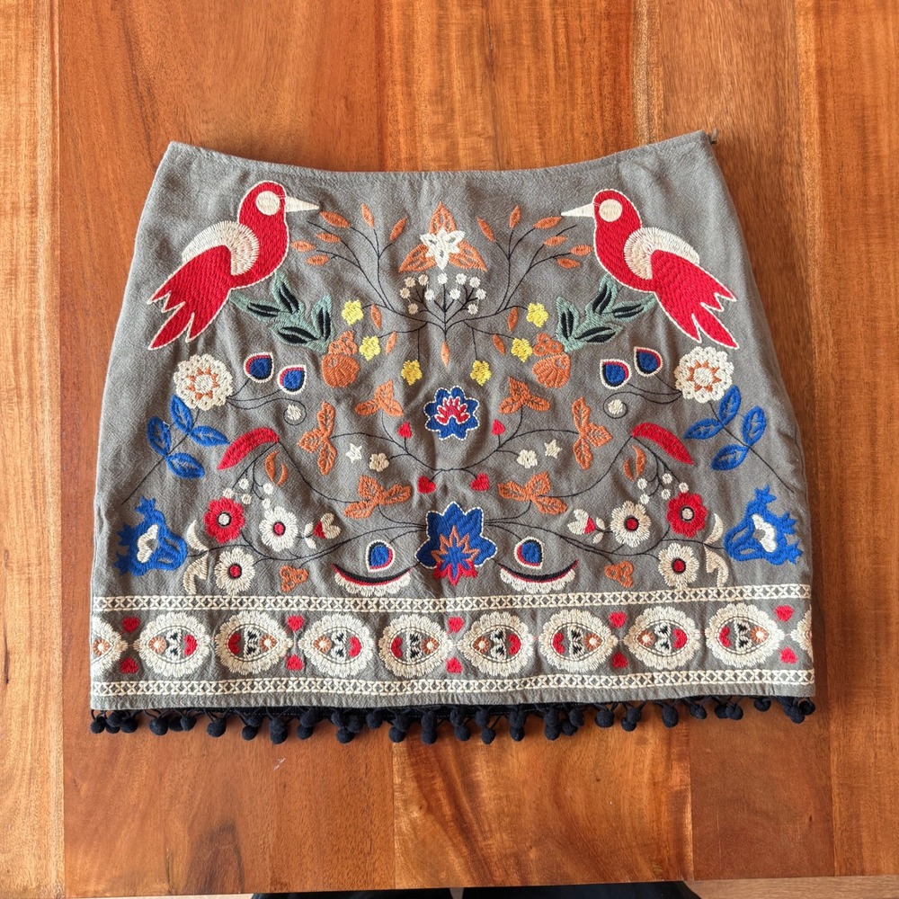 Umgee Women's Embroidered Bird Boho Pom Pom Trim Mini Skirt Size M
